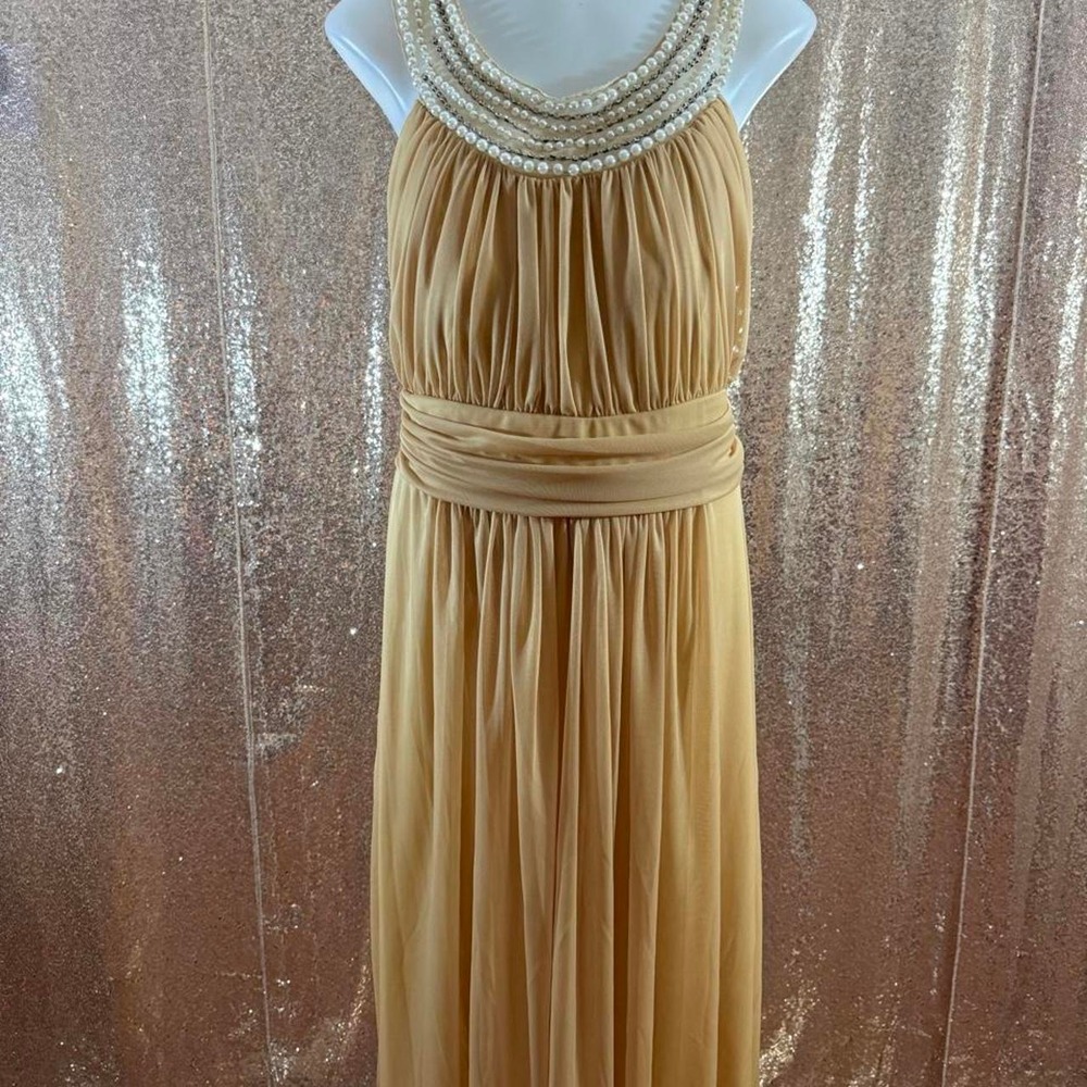 Gold Beaded Maxi Dress Pearl Embellished Formal Gown with Shawl/Size XL